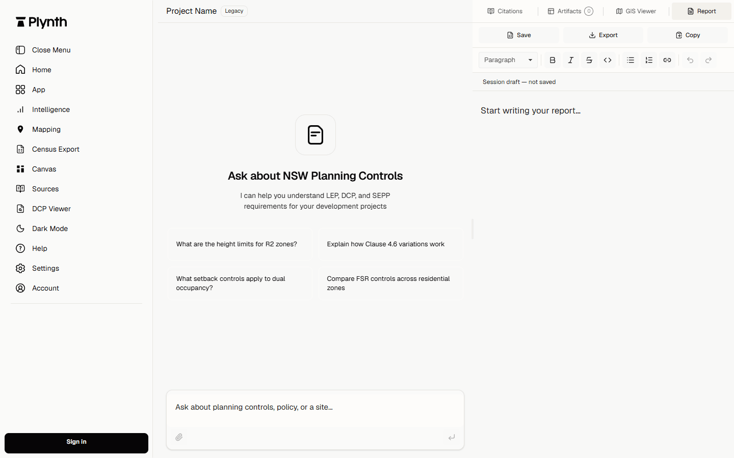 Plynth conversation beside an editable cited report in the current app