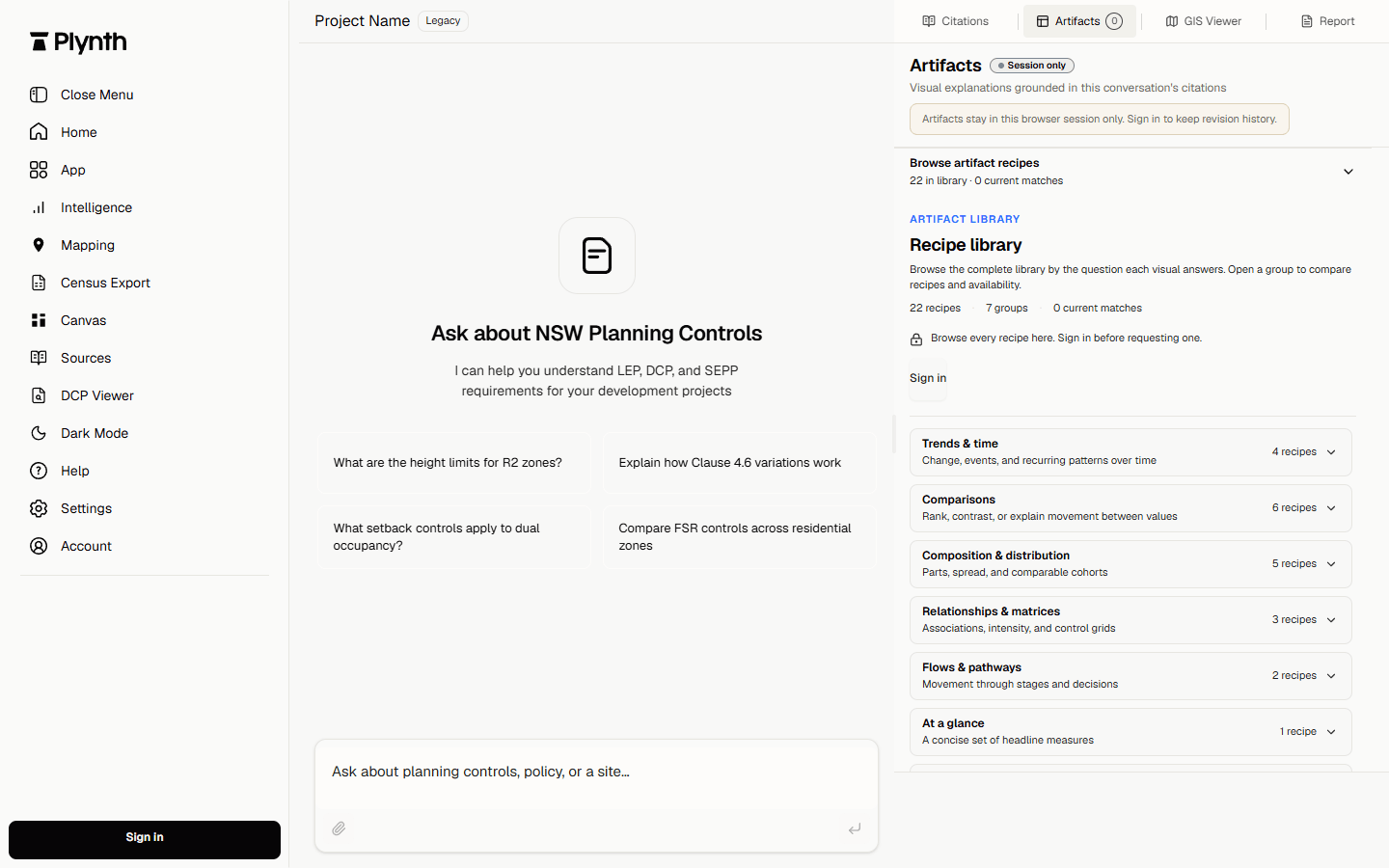 Plynth Artifact Workspace showing 22 analysis recipes grouped by task