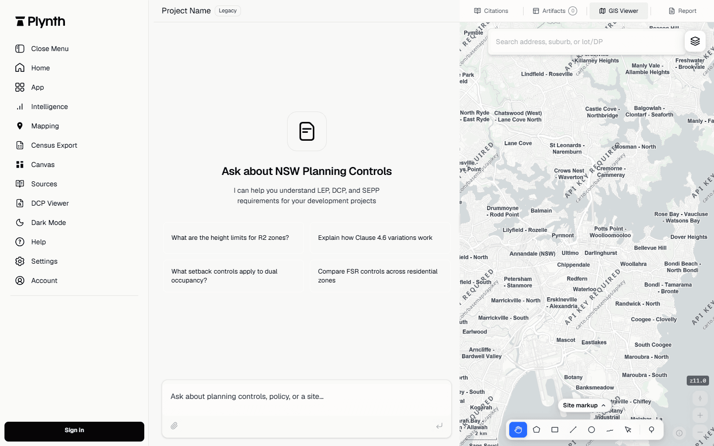 Plynth GIS workspace with map tools beside the AI conversation