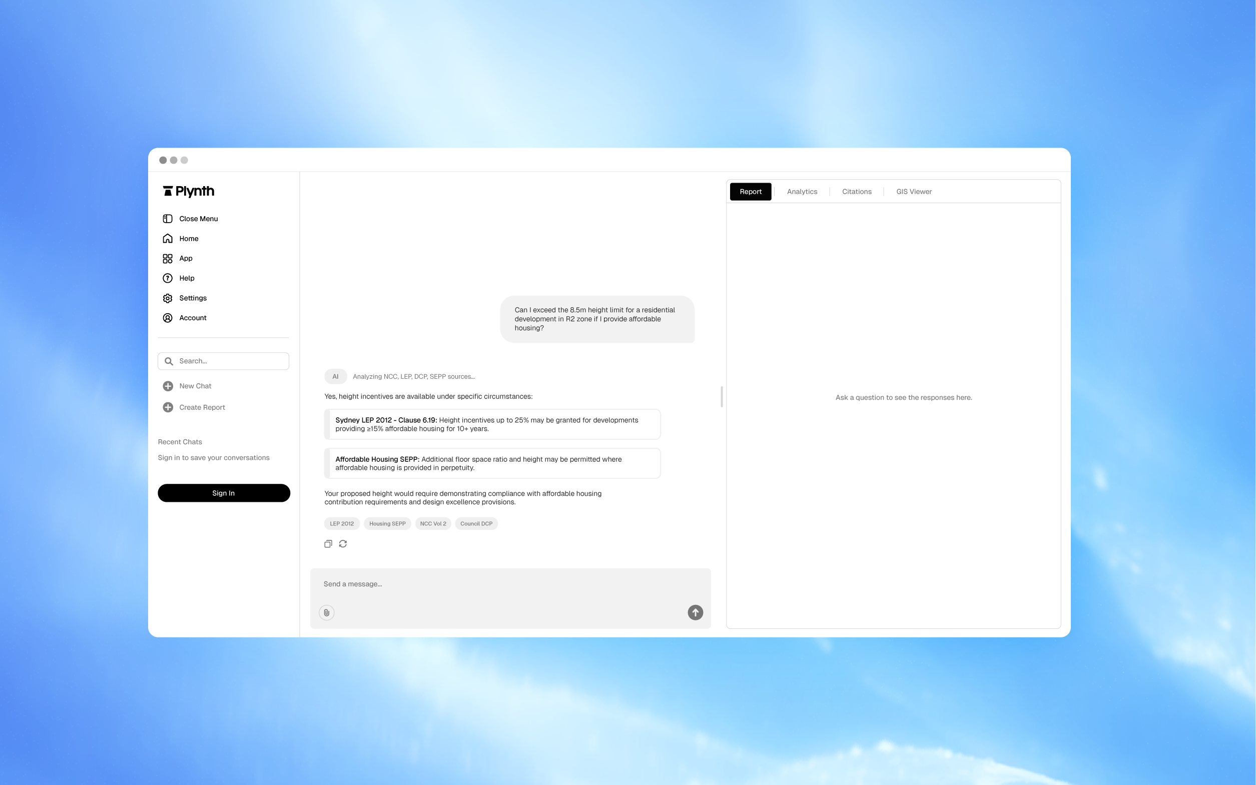 Plynth interface showing a compliance Q&A view with citations for NSW development applications