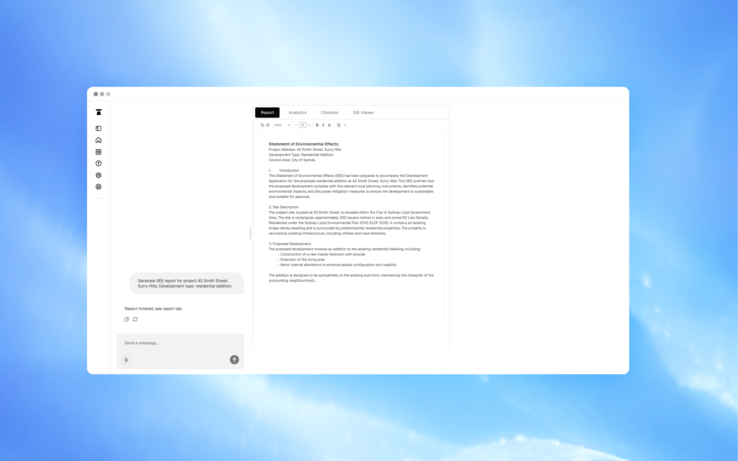 Plynth report generator interface drafting a Statement of Environmental Effects for an NSW development application